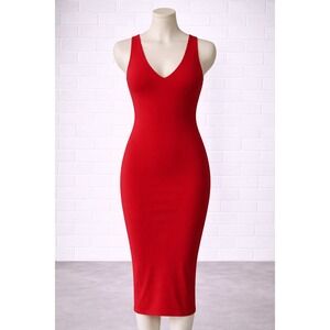 Naked Wardrobe Red V-Neck Midi Bodycon Dress Womens Size S Stretch Evening